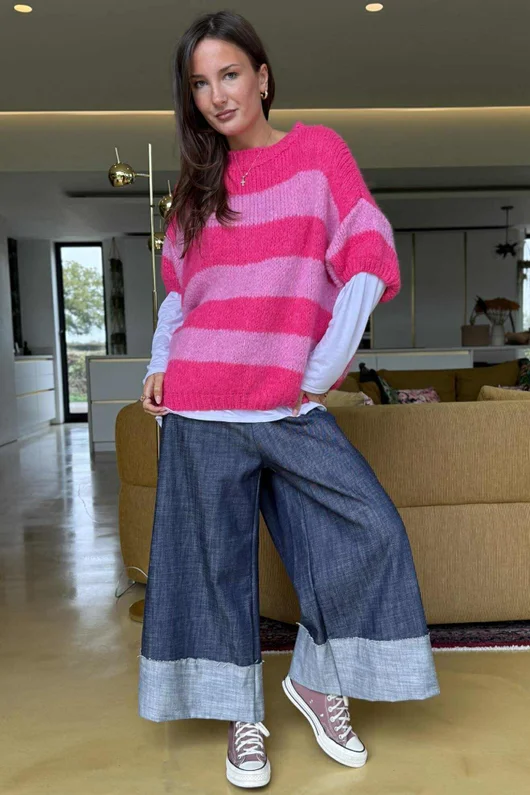 Big Softie Block Stripe Cap Sleeve Knit Top Bubblegum /15=